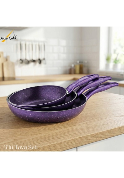 3lü Granit Tek Saplı Tava Seti - Violet Violet