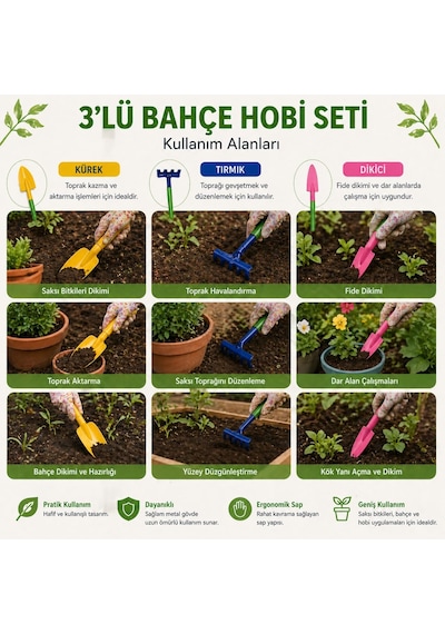3 Lü Mini Bahçe Hobi Seti Kürek Tırmık Dikici Seti Kaktüs Sukulent Saksı Bitkileri İçin El Alet