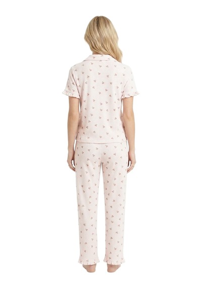 Cottonhill Beyaz Çiçek Desenli Bürümcük Gömlek Yaka Kadın Pijama Takımı