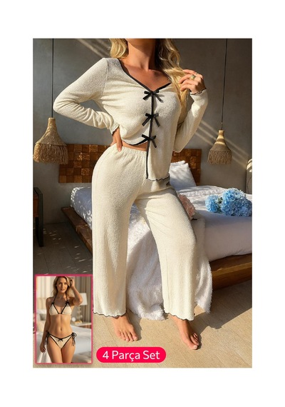 Fantezia Night Kadın Bordo Fiyonklu İç Çamaşırı Ve Uzun Kollu V Yaka Pijama Takımı 4'lü Set Beyaz