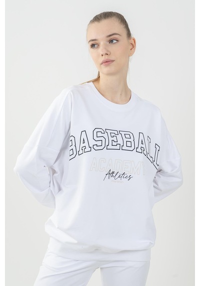 Maraton Sportswear Oversize Kadın Bisiklet Yaka Uzun Kol Basic Beyaz Sweatshirt 22185-beyaz Beyaz