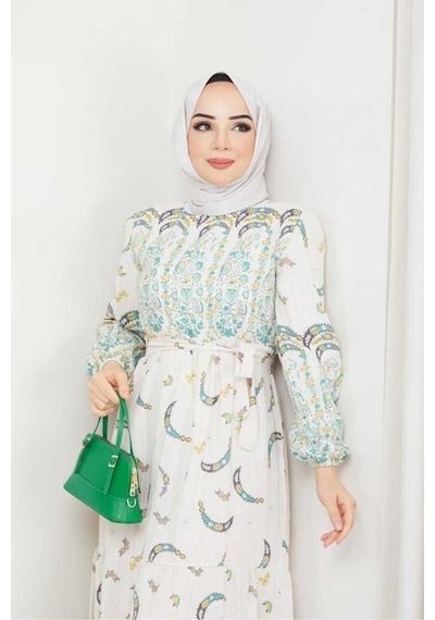 Butik Ayvitrin Kadın Otantik Muz Desen Keten Linen Tesettür Elbise Yeşil