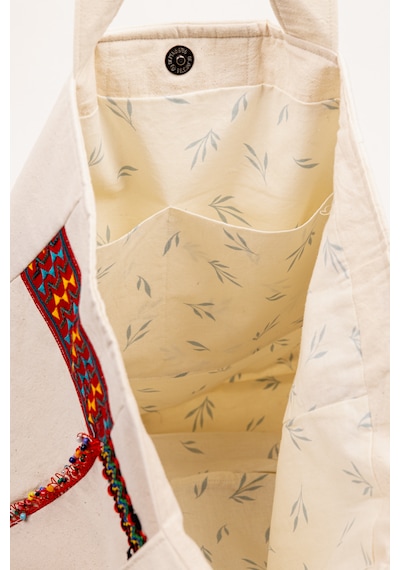 Fabric Craft Bag Omuz Çanta Bohem Detaylı Krem Kanvas 45x40 Cm Astarlı Günlük Çanta