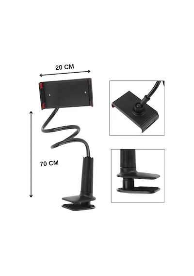 Ayarlanabilir Masa Kenarı Tablet & Telefon Tutucu 70 Cm Esnek Kollu, C Kelepçeli, 360 Dönebilen Telefon Ve Tablet Standı