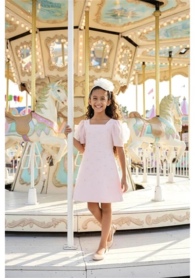 Pamina Kids Pamina Kız Çocuk Taç Tokalı İncili Elbise Pembe 36129
