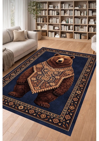 Retro Ayı Lacivert Dijital Baskı Halı Kaymaz Tabanlı Yıkanabilir Halı Yolluk Salon Halısı127