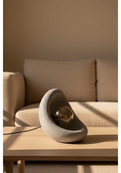 Modern Beton Dokulu Abajur Organik Oval Gece Lambası Masaüstü Komodin Lambası 25 Cm Gri