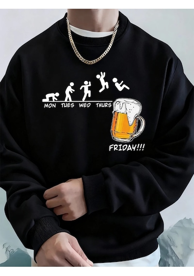 Startmore Tarzsokak Cuma Bira Sevgilisi Komik Baskılı Erkek Kazak Kış Polar Sıcak Hoodies Kore Gevşek Bisiklet Ya Siyah