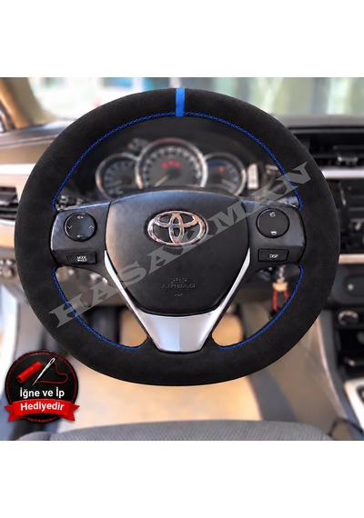 Toyota Verso Ar20 Dikme Direksiyon Kılıfı Full Alcantara Süet Mavi Yüzük Ve Mavi Dikiş 2013-2018 Siyah