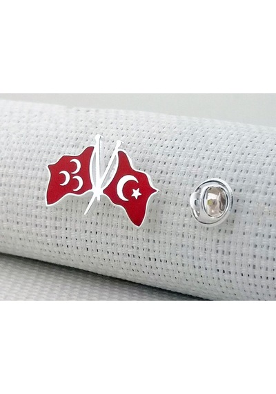 Takıhan Türk Bayrağı Ve Üç Hilal Tasarımlı 925 Ayar Gümüş Rozet Kırmızı