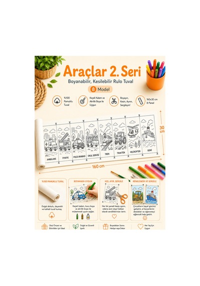Boyanabilir Kesilebilir Rulo Tuval Araçlar 2. Seri 8 Model Çocuk Boyama Seti 160x30 Cm