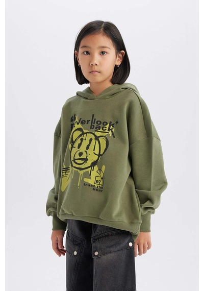 DeFacto Kız Çocuk Oversize Geniş Kalıp Kapüşonlu Baskılı Sweatshirt D1567A824WNKH210 Haki