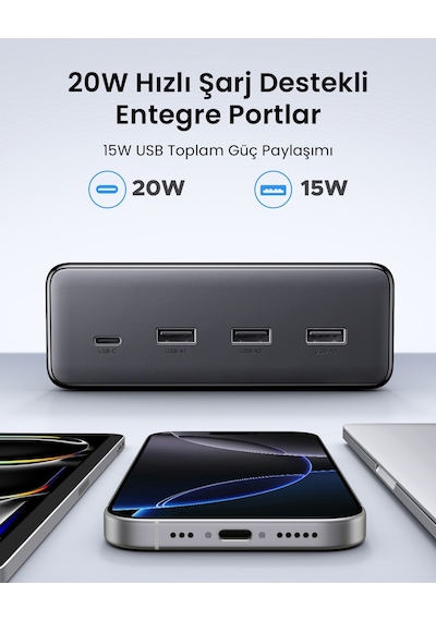 UGREEN 6’lı Grup Priz, 20W USB-C, USB-A Çıkışlı Şarj İstasyonu, 1.5 m Kablolu, 75141