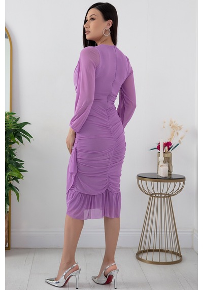 Kalopya 13373 V Yaka Eteği Detaylı Tül Elbise Lila