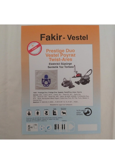 20 Adet Fakir Vestel Uyumlu Prestige Duo Elektrikli Süpürge Bez Torbası