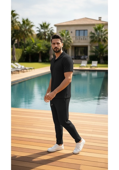 Fifty Color Unisex Trend Bürümcük Krinkıl Kumaş Yazlık Likralı Kısa Kol Tişört Eşofman Takım Siyah