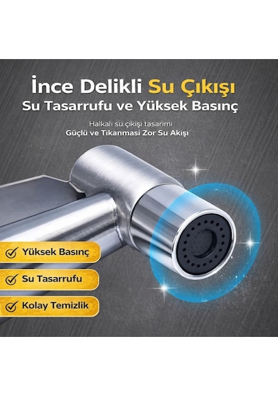 Polham Paslanmaz Çelik Spiral Hortumlu Musluk Çoğaltıcı Çift Çıkışlı, Sprey Başlıklı, Banyo Tuvalet Lavabo Temizlik Seti Krom