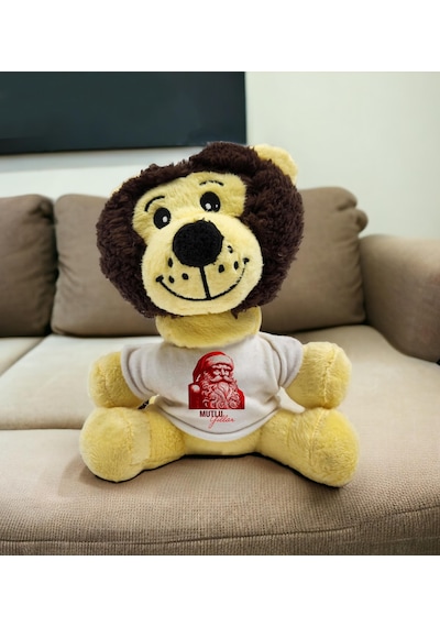 Mutlu Yıllar Baskılı Tişörtlü Hediyelik Sevimli Peluş Aslan 22cm - Sevimli Hediyelik Aslan Figürü Yılbaşı Hediyesi Noel