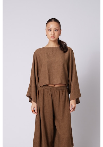 Keten Karışımlı Pelerin Bluz Olive