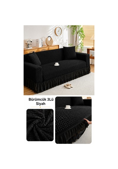 Bürümcük 3 Kişilik Koltuk Örtüsü. Etekli Koltuk Kılıfı. Çekyat Kanepe Örtüsü. 1 Adet Siyah - 876024568 Siyah