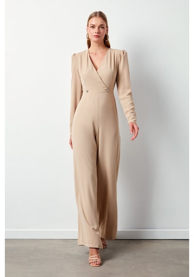 Sateen Kruvaze Süs Taşlı Krep Tulum - Bej