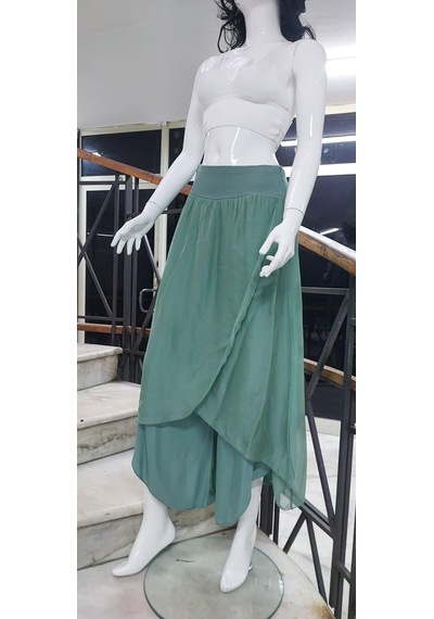 Bohem Stil Kadın Asimetrik Kapaklı Ipek Şalvar Pantolon-8775 Mint