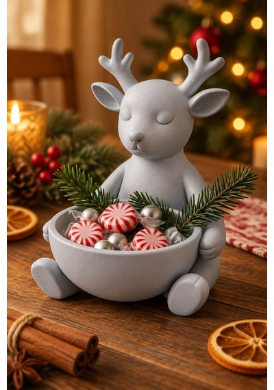 Ren Geyiği Figürlü Çok Amaçlı Kase Noel Sunum Kabı Gümüş