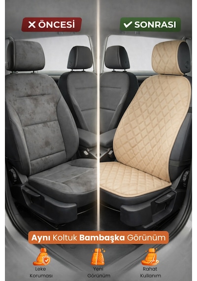 Oto Koltuk Kılıfı Tay Tüyü Tekli Ön Minder 4 Katmanlı Terletmez Airbag Uyumlu - Bej