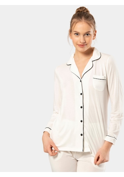 Türen Düz Uzun Kollu Gömlek Yaka Pijama Takım 3365/ekru 001