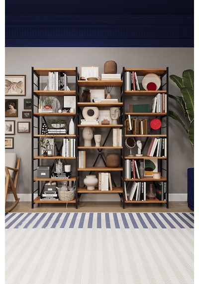 Asra Trend 6 Raflı Metal Kitaplık METALK03 %100 MDF Üç Modüllü Geniş Kütüphane Petra