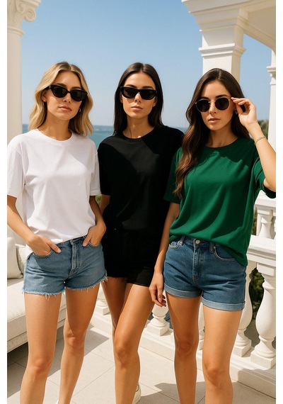 Kadın 3'lü Paket Yeşil-beyaz-siyah %100 Pamuk Oversize Basic Tişört Bisiklet Yaka Relaxed T-shirt Çok Renkli