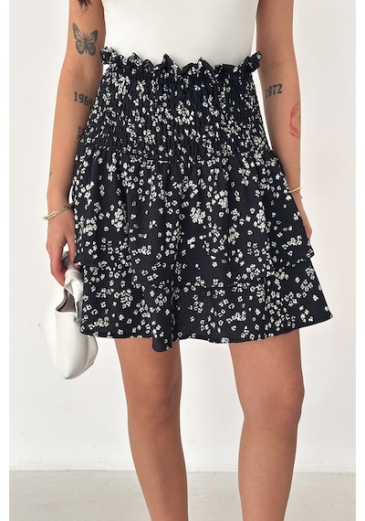 Kadın Katlı Smock Bel Mini Short Etek Summer Layers Lacivert