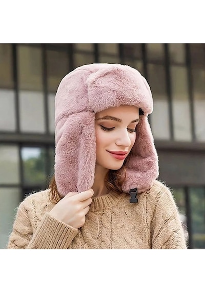 Tezzgelsin Kadın Peluş Kalpak Pilot Şapka Gül Kurusu Gülkurusu