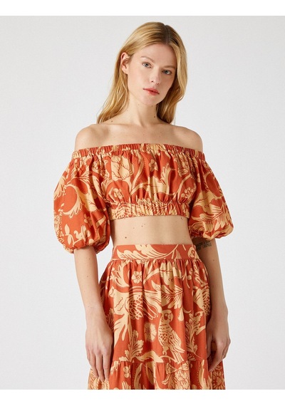 Koton Crop Bluz Desenli Omuz Açık Kiremit Desenli 1yak66670ıw