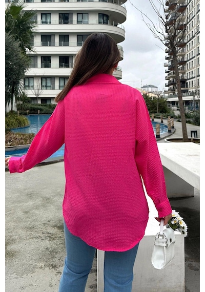 WeShaya Kadın Fuşya Basic Model, Gofre Kumaş, Salaş Gömlek Fuşya