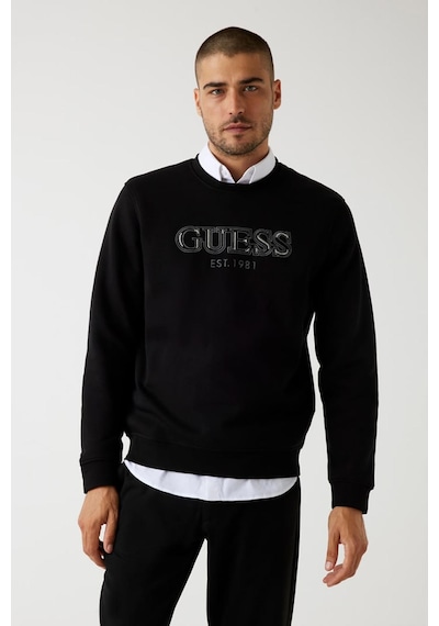Guess Erkek Fleece Nakışlı Logo Sweatshirt - Siyah Siyah