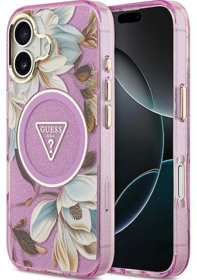 Apple Uyumlu iPhone 17 Kılıf Guess Lisanslı M-safeli Simli Çiçek Desenli Metal Kamera Çerçeveli Üçgen Logolu Mor Mor