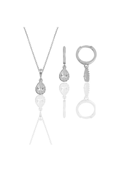 Gümüş Rodyumlu Zirkon Taşlı Kolye Ve Küpe İkili Set
