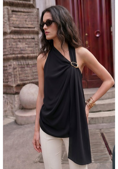 Sateen Aksesuar Detaylı Kolsuz Bluz - Siyah-137509
