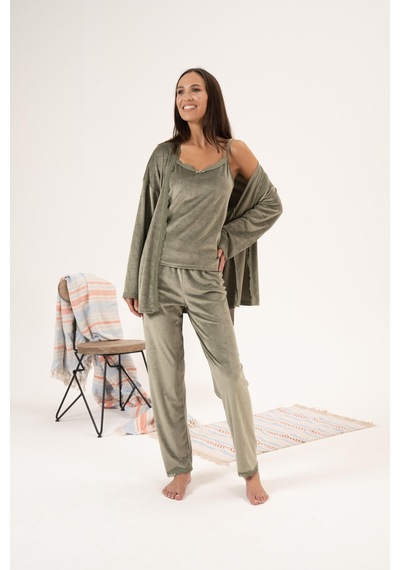 Estiva Kadın Kışlık 3 Parça Sabahlıklı Kadife Pijama Takımı 001
