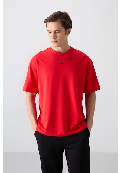 Tommy Life Fiesta Pamuklu Kalın Yumuşak Dokulu Oversize Fit Baskılı Erkek T-shirt - 88343 Kirmizi