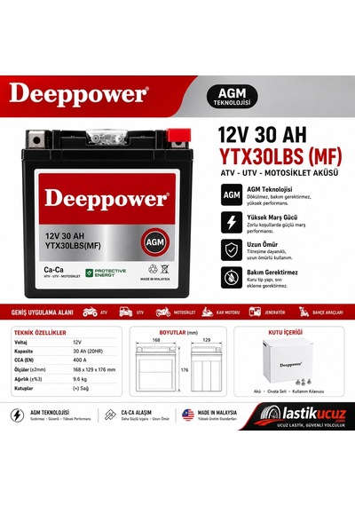 Deeppower 12v 30ah Ytx30bls Mf Atv-utv Aküsüdür