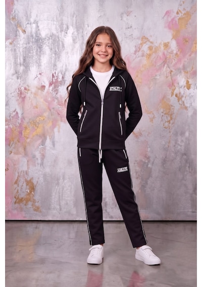 Pina Kids Kız Çocuk Atheletic Reglan Kol Kapüşonlu Düz Paça Dalgıç Kumaş Eşofman Takımı Esf7018 siyah