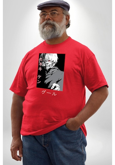 Angemiel Kaneki Ken Kuma Japon Anime Şeytan Kırmızı Büyük Beden Erkek Kadın Unisex Basic Ön Baskılı Tişört Kırmızı