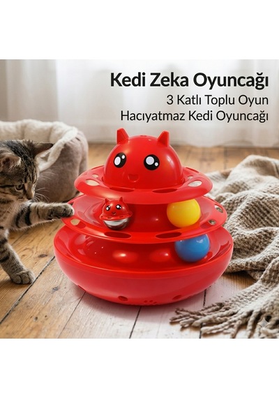 Hacıyatmaz Kedi Oyuncağı 3 Katlı Toplu Zeka Oyuncağı 20x21 Cm Devrilmez Interaktif Mama Oyuncağı