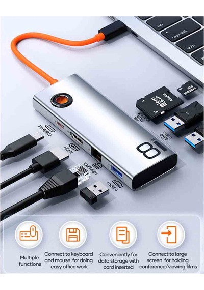Tr32 8 In 1 Type-c To Hdm 4k30hz Rj45 Pd Usb3.0 3 Sd/tf Fonksyonel Dönüştürücü