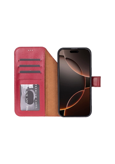 Bloomcase Magic Wallet Crimson Red Apple Uyumlu iPhone 17 Pro 6.3" Hakiki Deri Çıkarılabilir Cüzdanlı Telefon Kılıfı Kırmızı