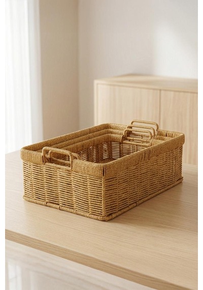 Digithome 3'lü Hasır Rattan Organizer Sepet - Bb6064 Turuncu