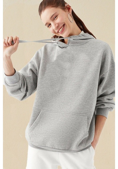 Blackjack Giyim Düz Gri Kapşonlu Oversize Sweatshirt Pamuklu Gri