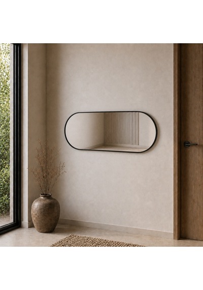 Modern Oval Boy Aynası 40x120 Cm Minimalist Çerçeveli Dekoratif Duvar Aynası 2026 Trend Siyah